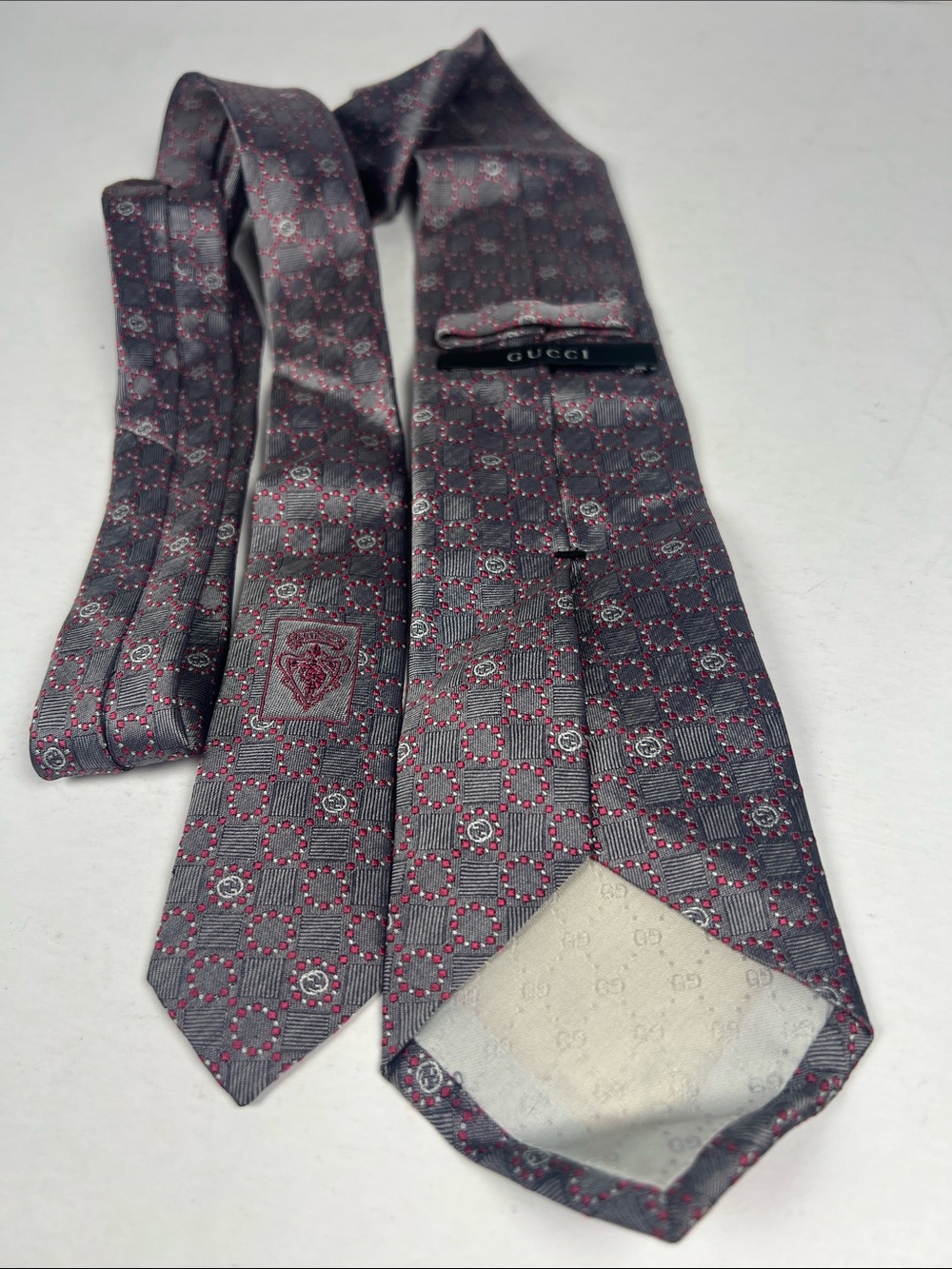 Gucci Gray Tie with Burgundy Dot & Geometric Motif